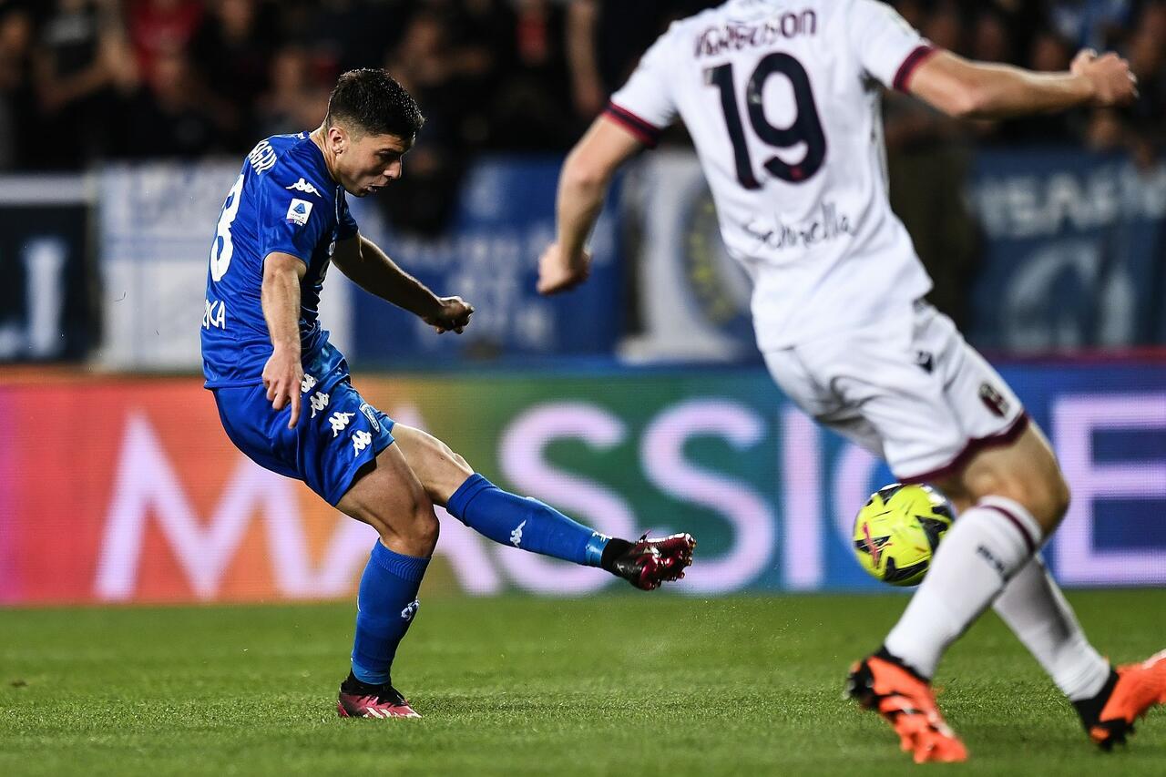 Nicolò Cambiaghi nel momento del gol al Bologna (ph. Image Sport)